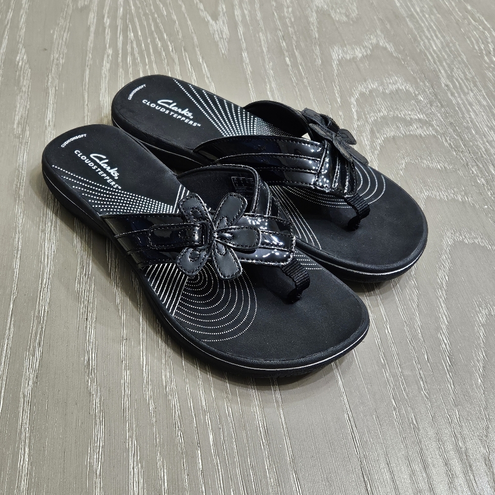 Clarks Cloudsteppers Womens BrinKley Flora H Black Thong Sandals SIZE 9